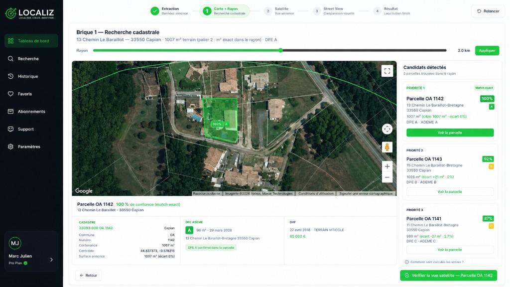 Interface Localiz — recherche cadastrale et localisation IA