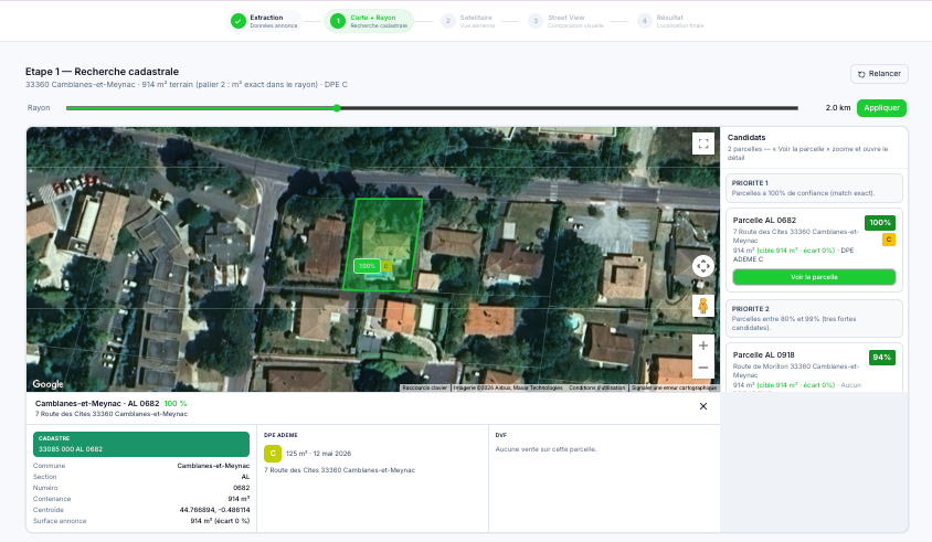 Etape 1 Localiz - recherche cadastrale et parcelles candidates